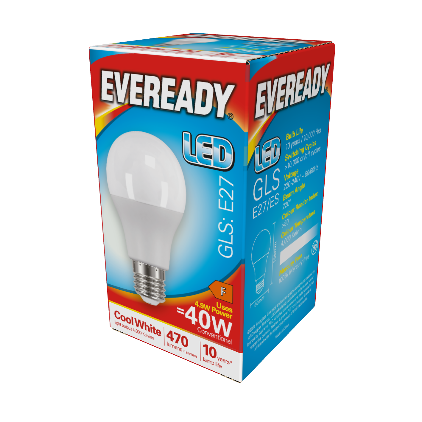 Eveready LED GLS E27 (ES) 470lm 4.9W 4,000K (Cool White), Box of 1