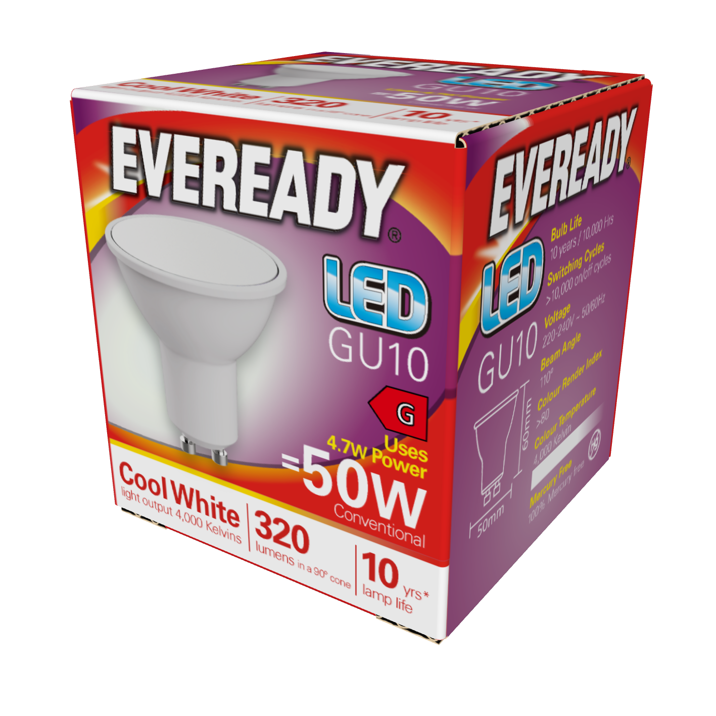 Eveready LED GU10 320lm 4.7W 4,000K (Cool White), Box of 1