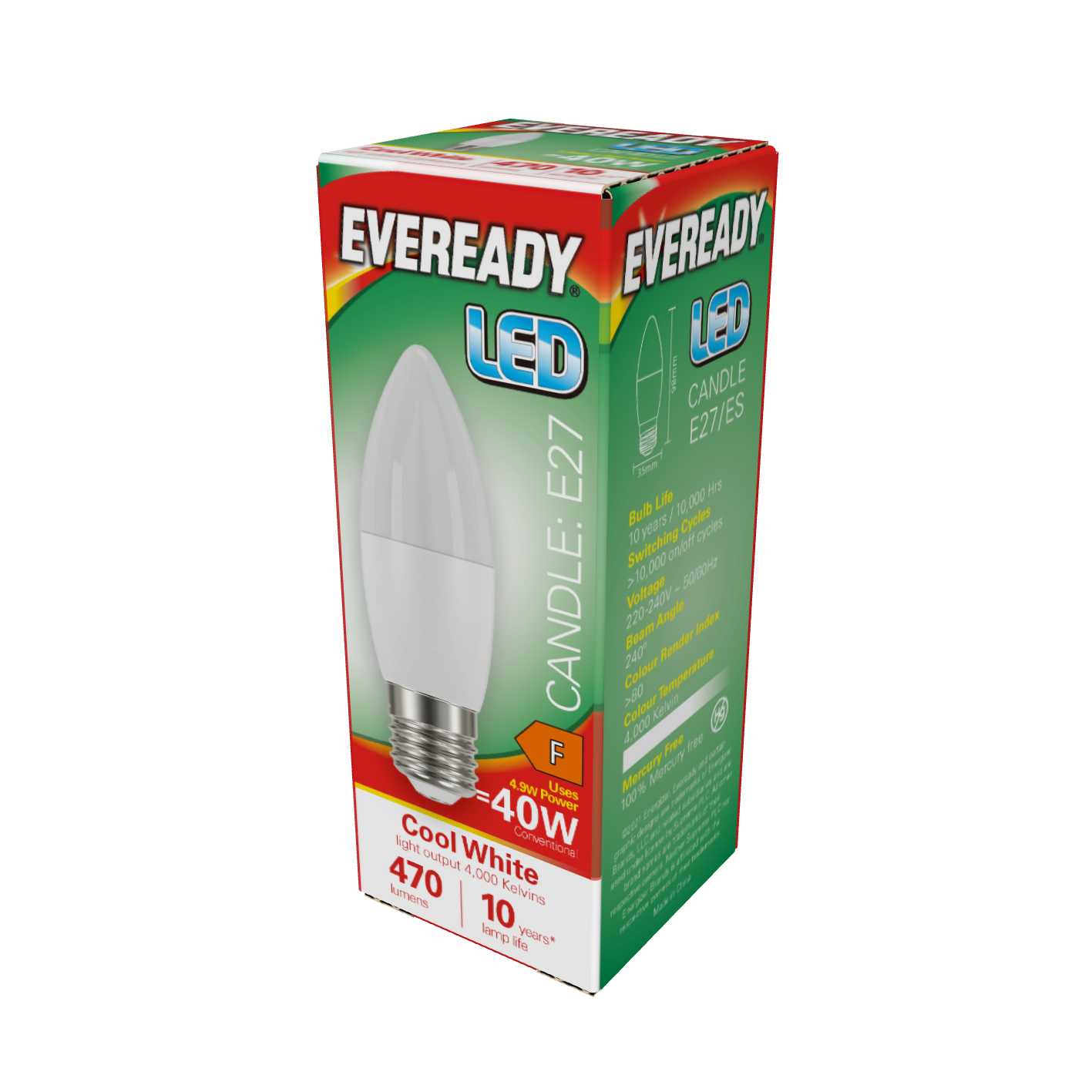 Eveready LED Candle E27 (ES) 470lm 4.9W 4,000K (Cool White), Box of 1