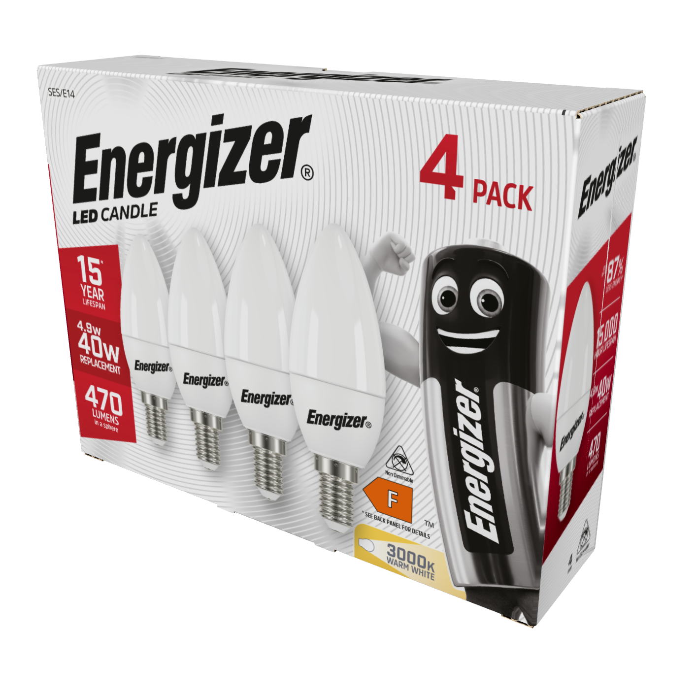 Energizer LED Candle E14 (SES) 470lm 4.9W 3,000K (Warm White), Box of 4
