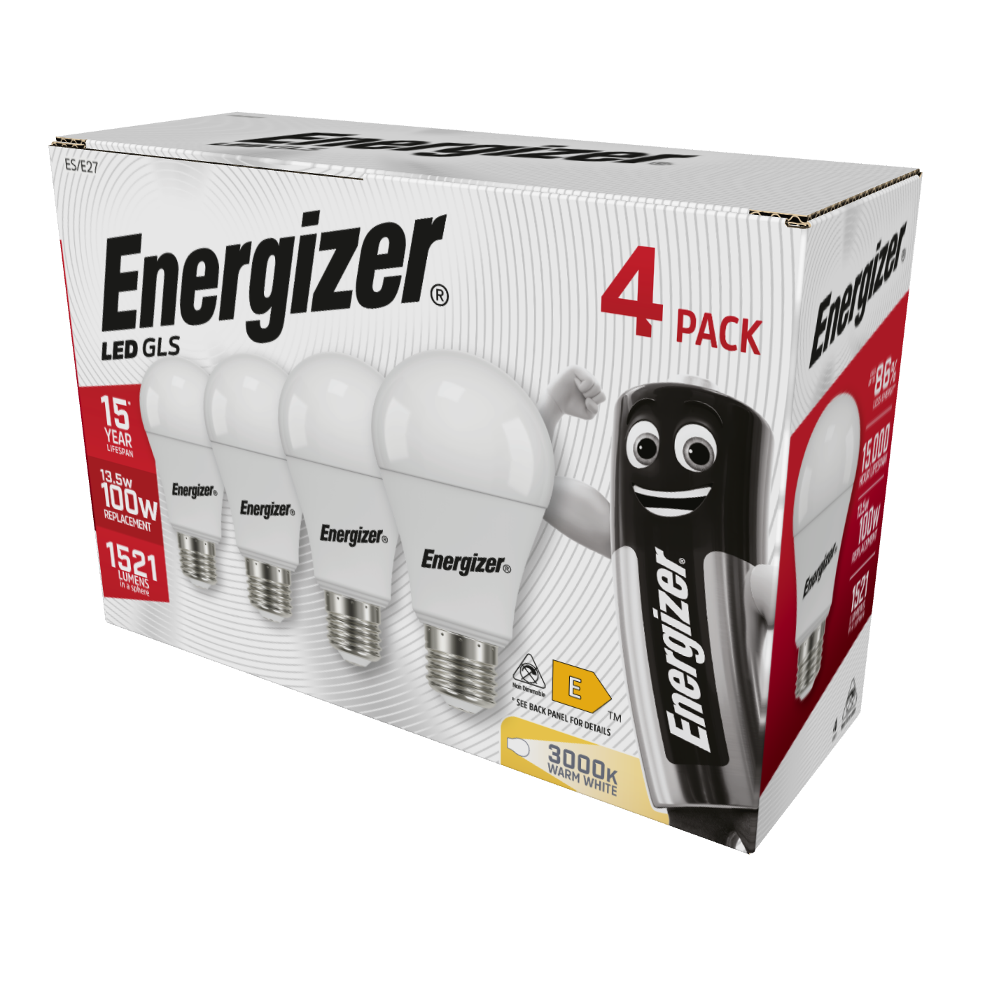 Energizer LED GLS E27 (ES) 1.521lm 13,5W 3.000K (Blanco Cálido), Caja de 4