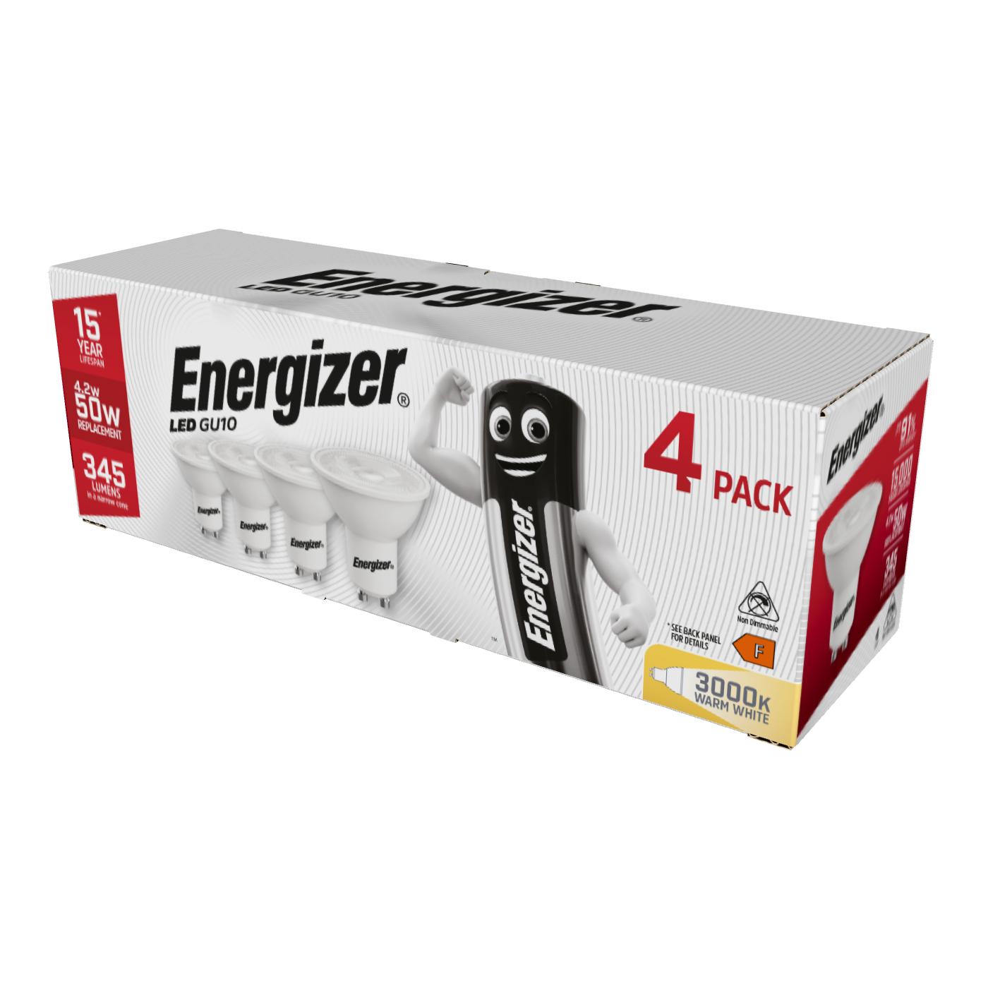 Energizer LED GU10 345 Lumens 4.2W 3,000K (Warm White), Box of 4