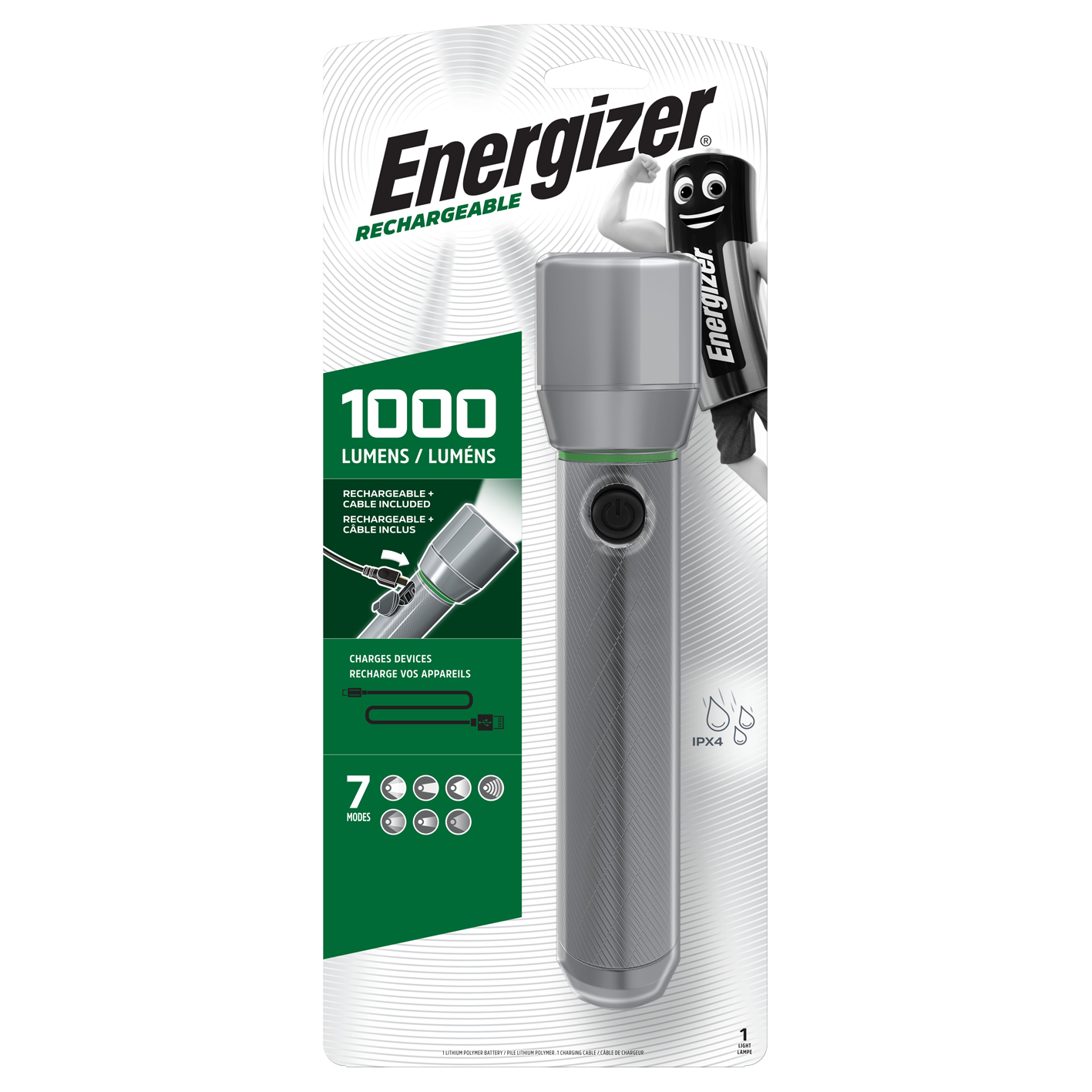 Energizer LED Vision HD Metal 1000 Lumens Rechargeable Torch + USB Port In / Out