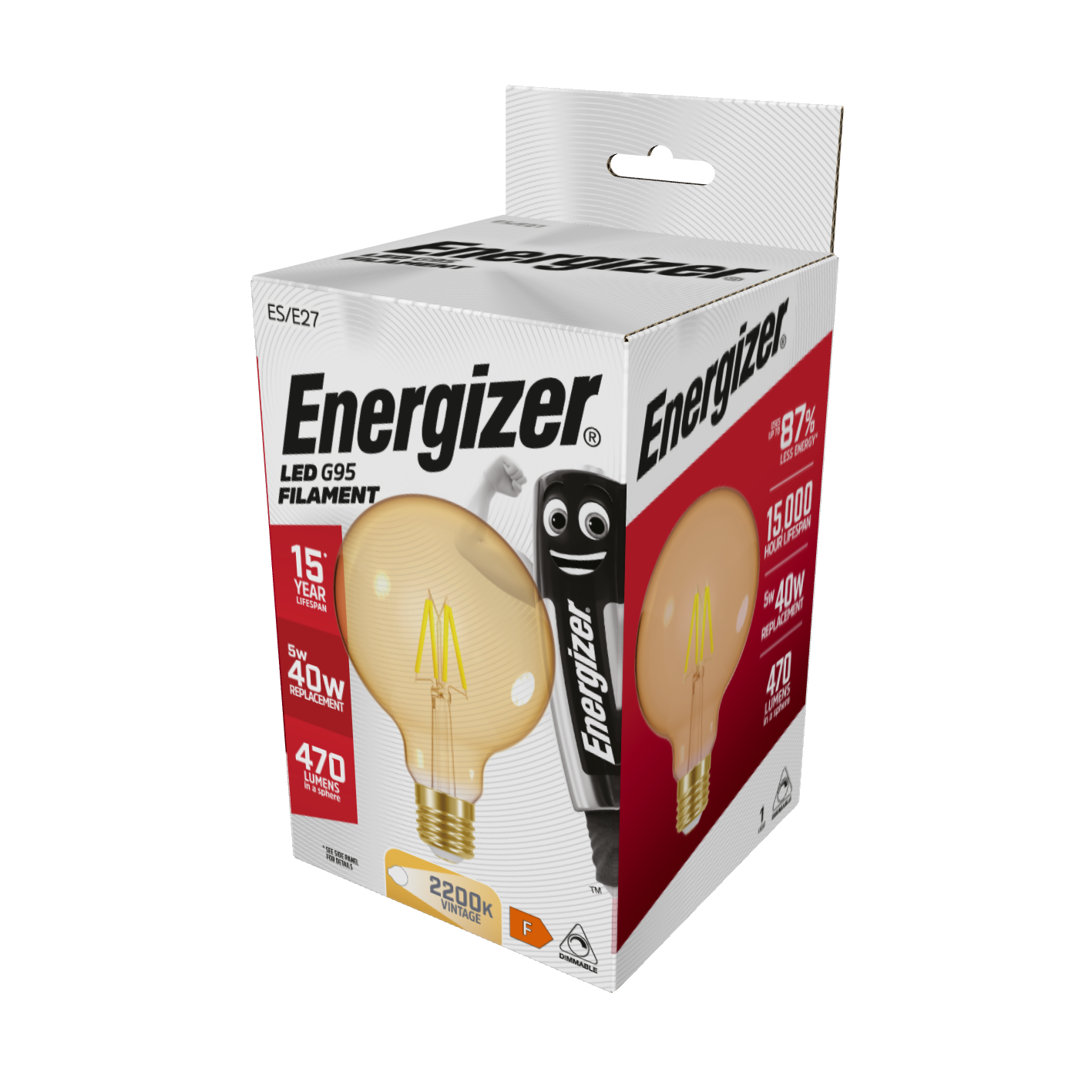 Energizer LED Filament Gold G95 E27 (ES) 470lm 5W 2,200K (Warm White), Box of 1