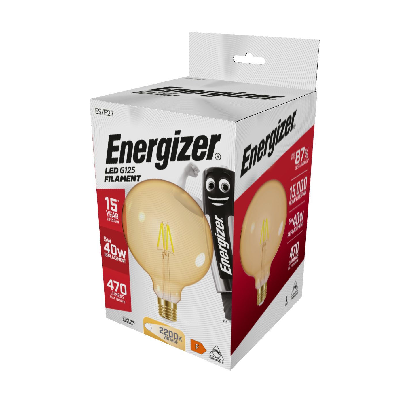 Energizer LED Filament Gold G125 E27 (ES) 470lm 5W 2,200K (Warm White) Dimmable, Box of 1