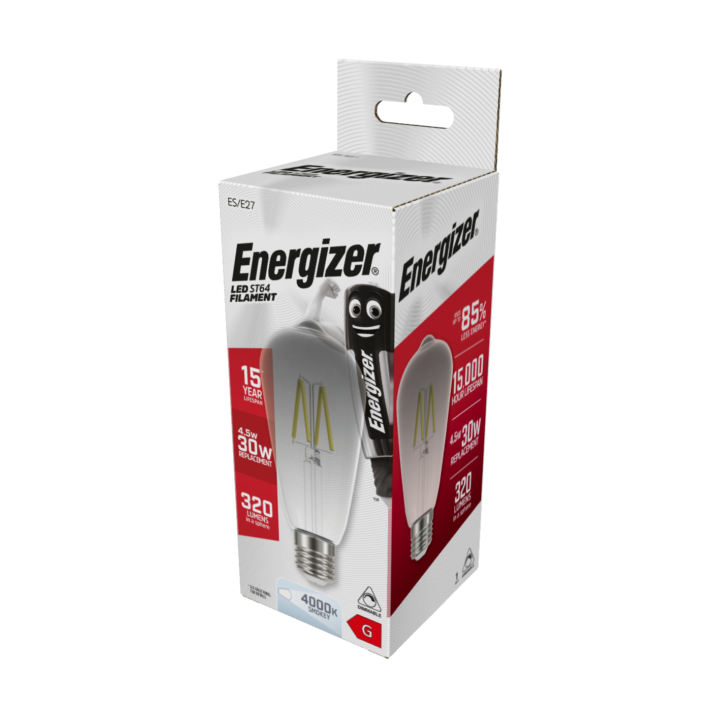 Energizer LED Filament ST64 E27 (ES) Smokey 320lm 4.5W 4,000K (Cool White) Dimmable, Box of 1