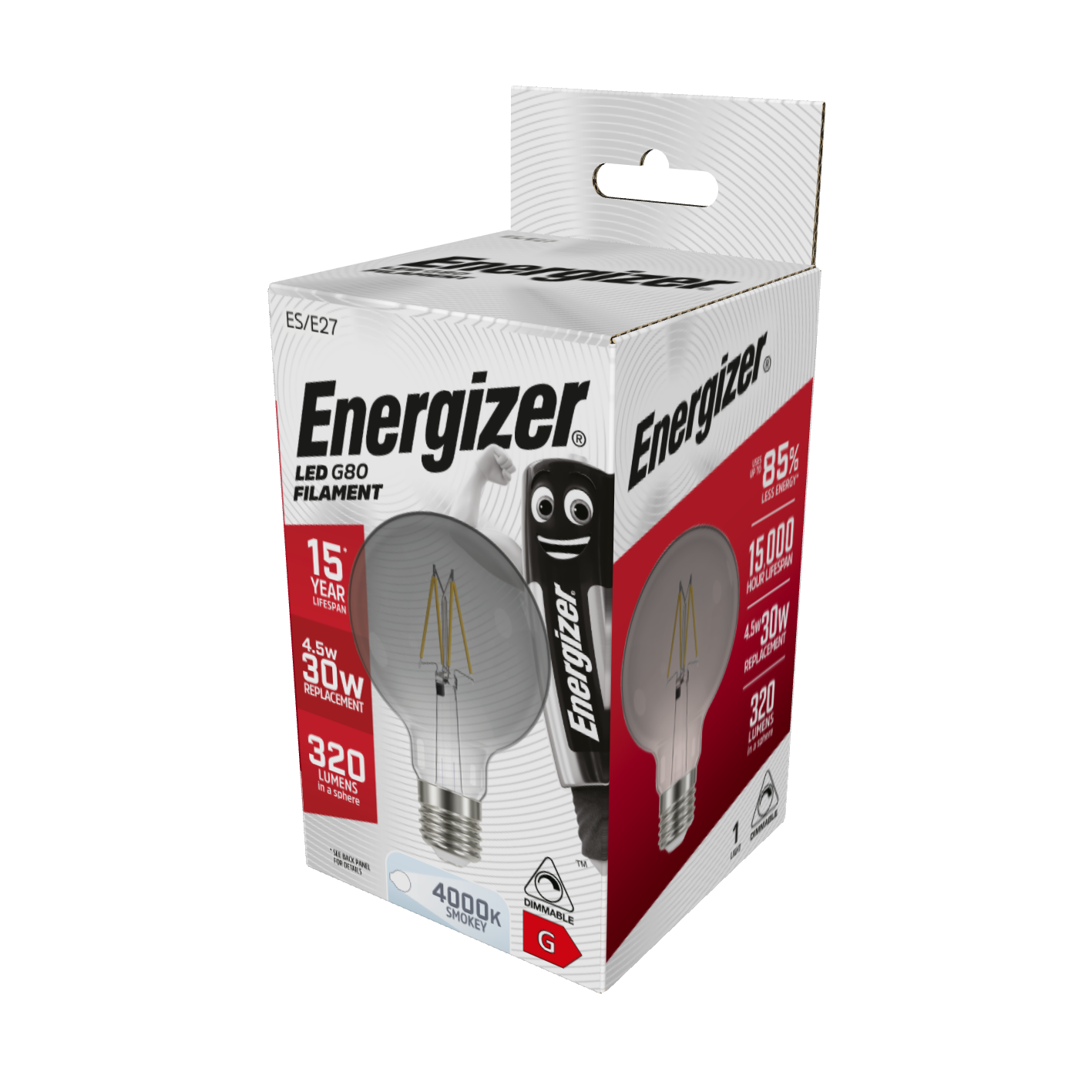 Energizer LED Filament G80 E27 (ES) Smokey 320lm 4.5W 4,000K (Cool White) Dimmable, Box of 1