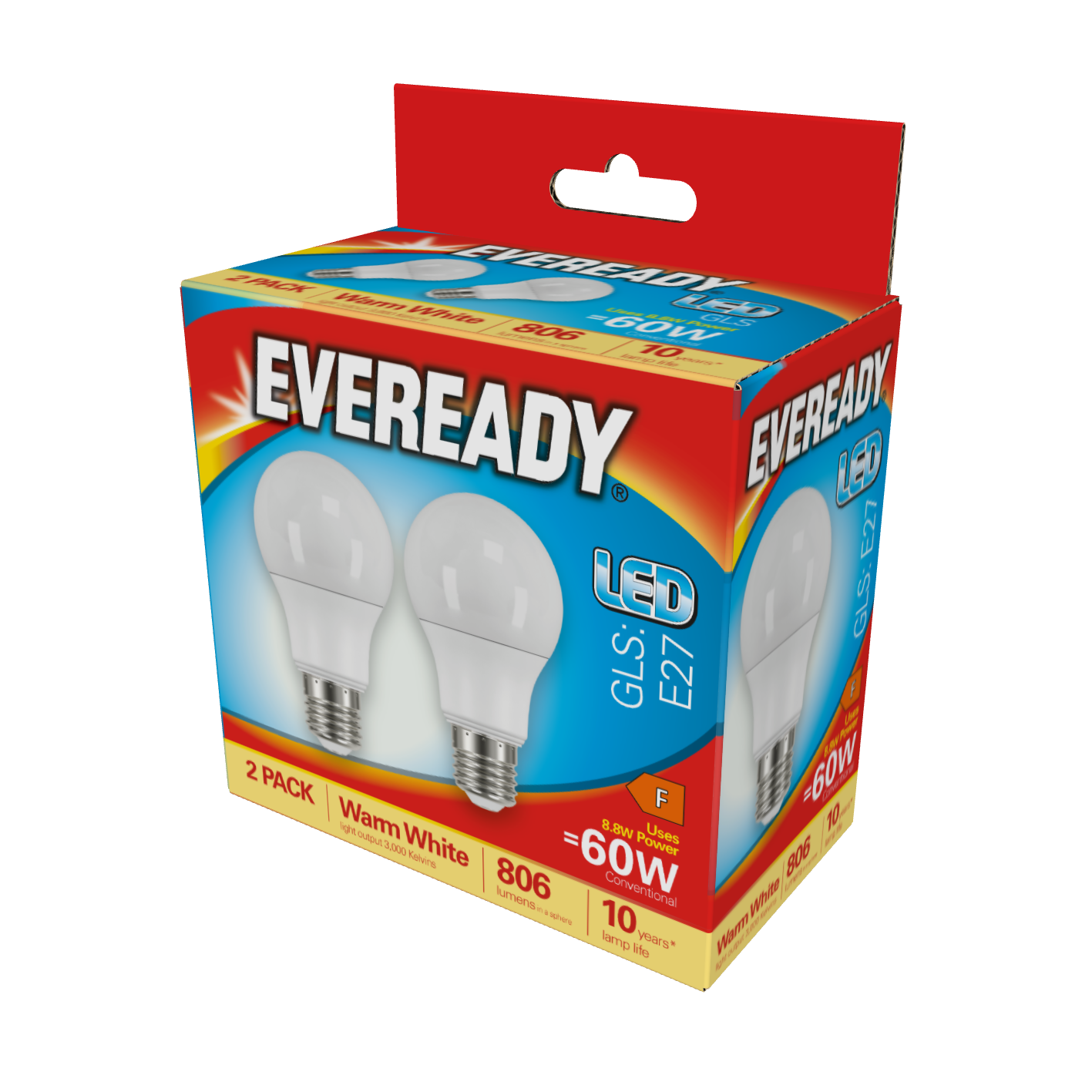 Eveready LED GLS E27 (ES) 806lm 8.8W 3,000K (Warm White), Box of 2