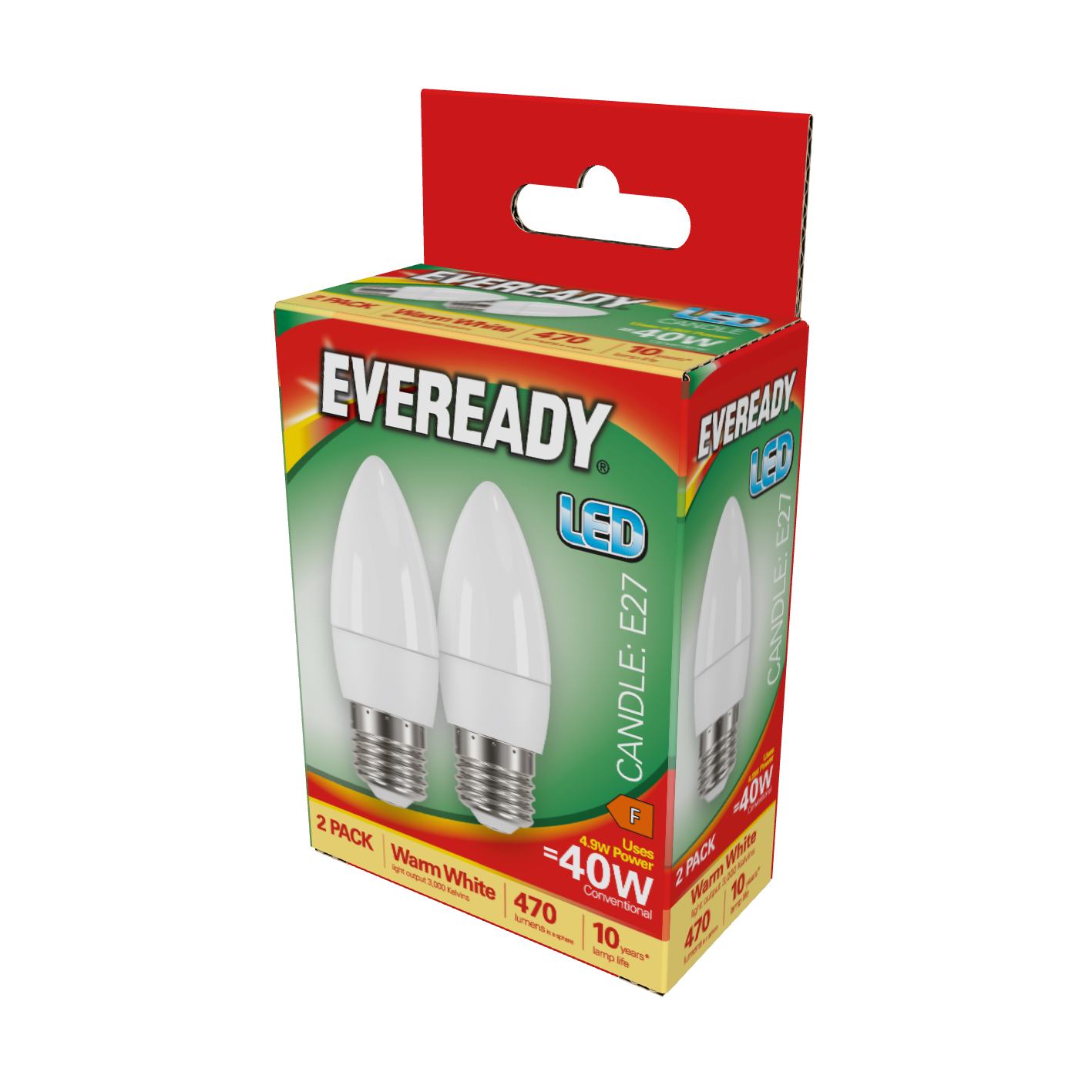 Eveready LED Candle E27 (ES) 470lm 4.9W 3,000K (Warm White), Box of 2