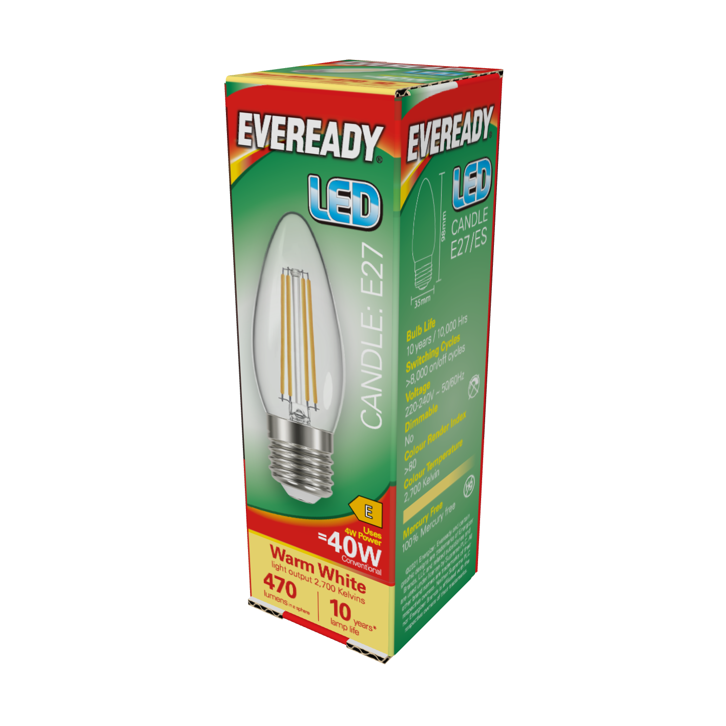 Eveready LED Filament Candle E27 (ES) 470lm 4W 2,700K (Warm White), Box of 1