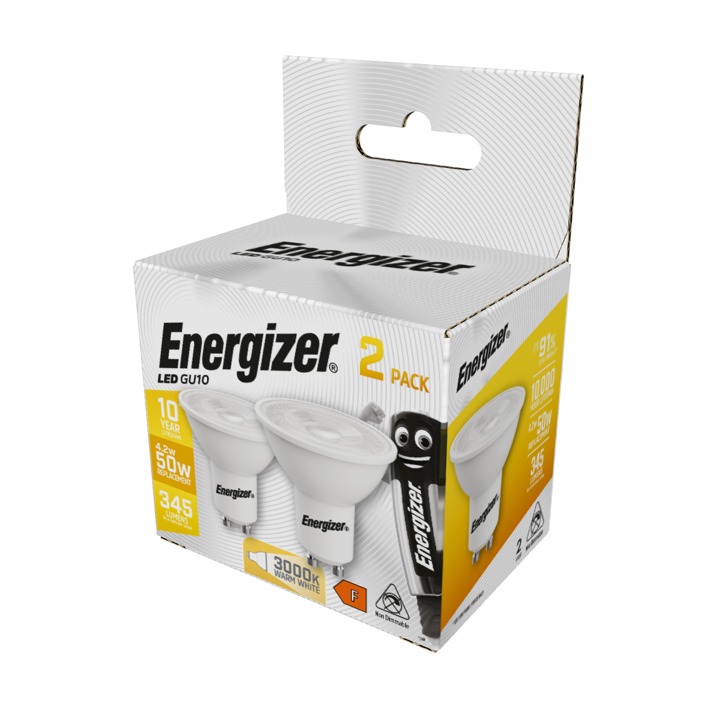 Energizer LED GU10 345lm 4.2W 3,000K (Warm White), Box of 2