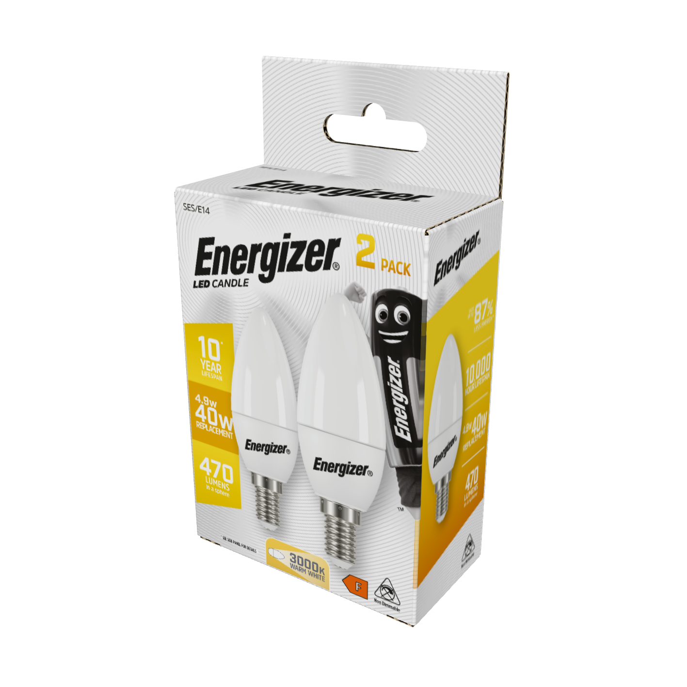 Energizer LED-Kerze E14 (SES), 470 lm, 4,9 W, 3.000 K (Warmweiß), 2er-Box