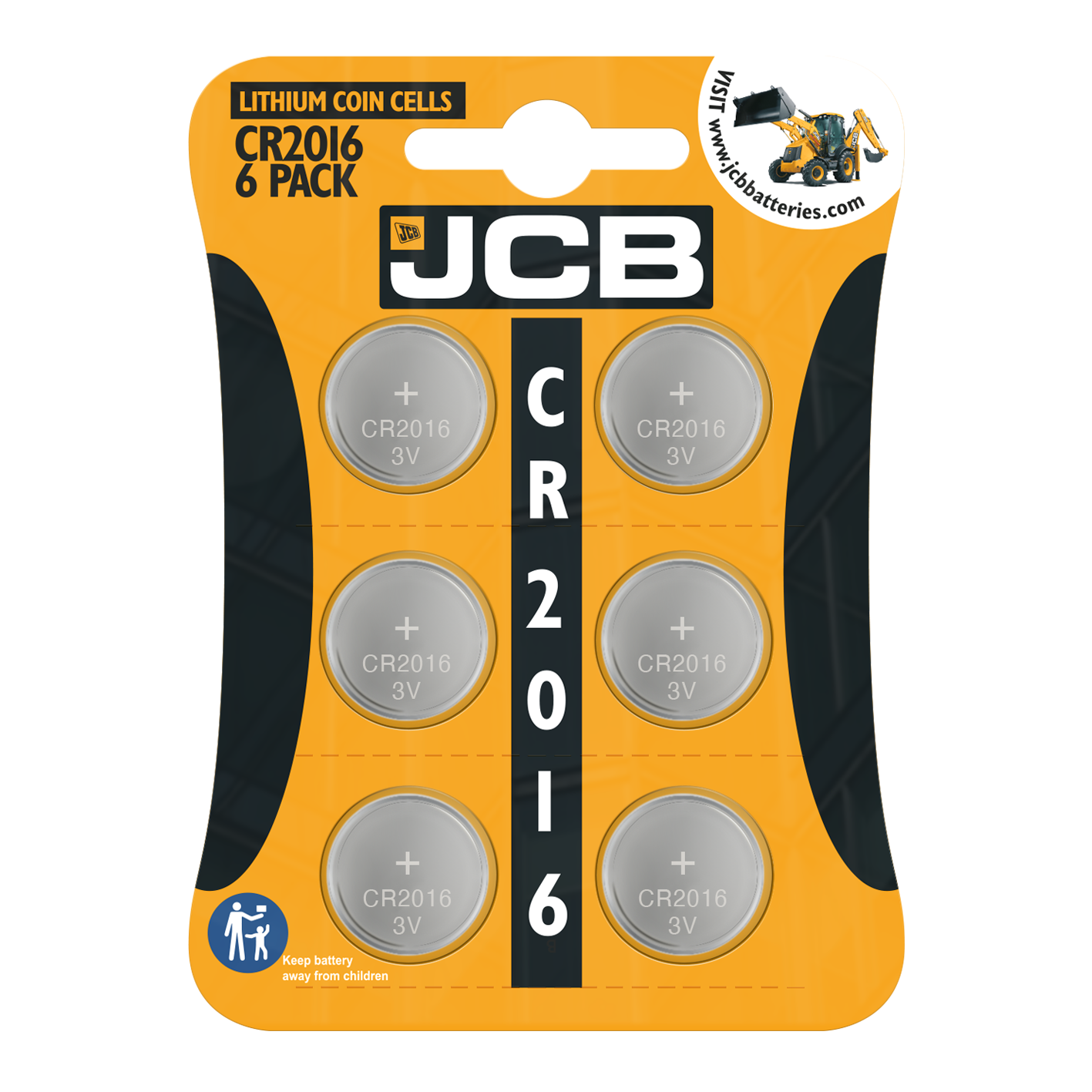 JCB CR2016 Pila de botón de litio, paquete de 6