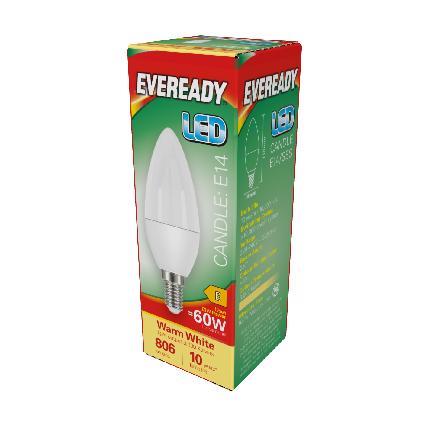 Eveready LED Candle E14 (SES) 806lm 7.3W 3,000K (Warm White), Box of 1