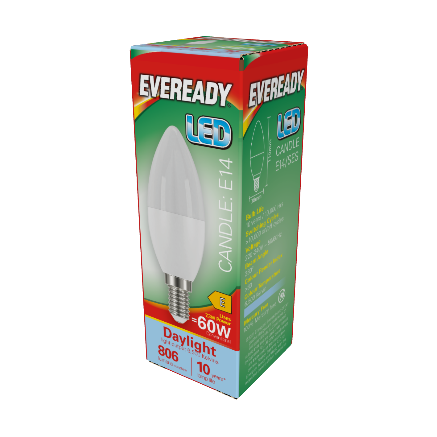 Eveready LED Candle E14 (SES) 806lm 7.3W 6,500K (Daylight), Box of 1