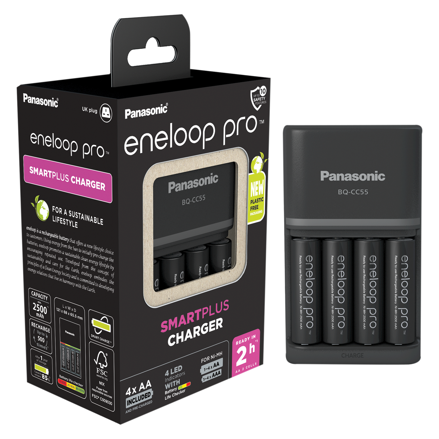 Eneloop Smart & Quick Charger + 4x AA Pro 2500mAh Batteries - UK Plug
