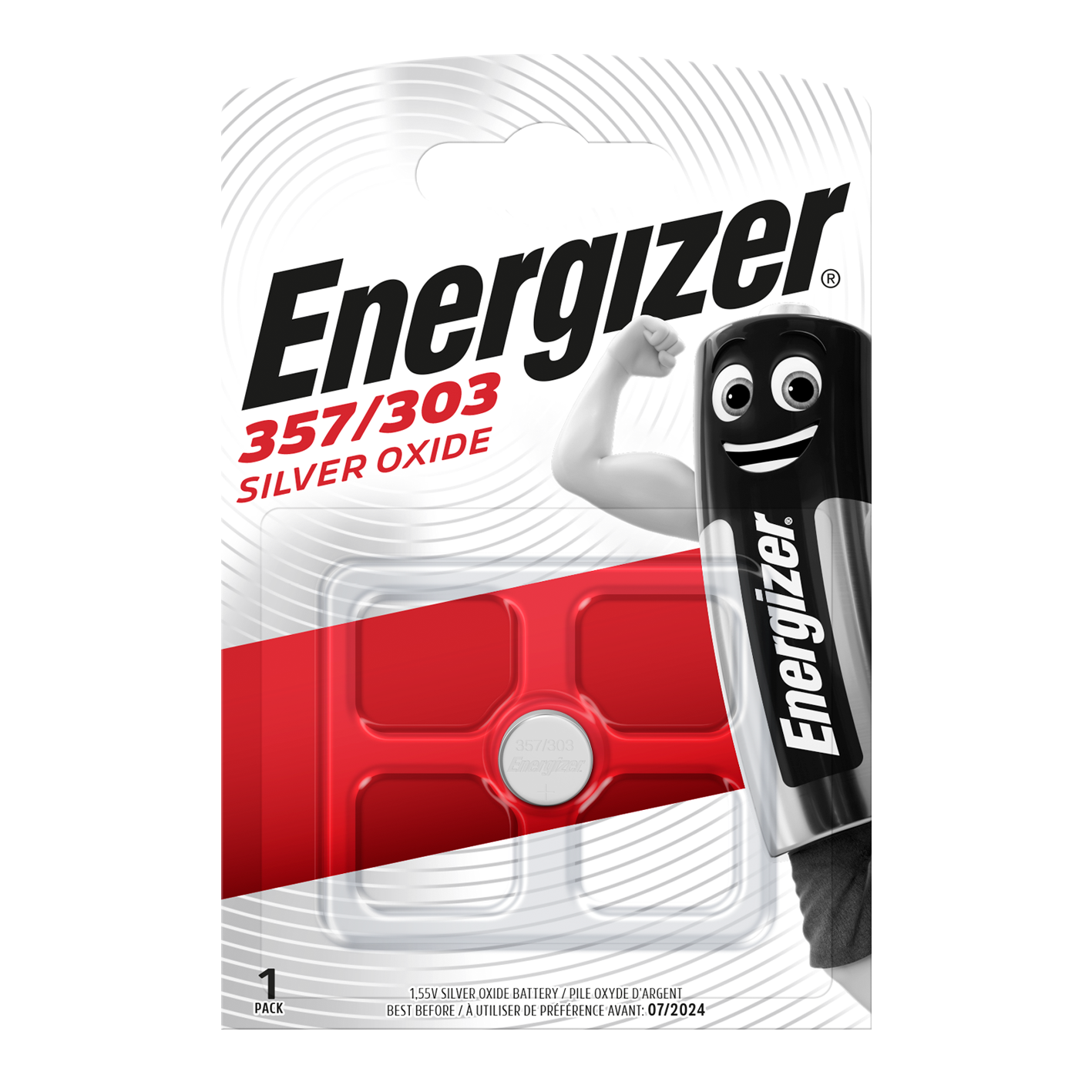 Energizer 357/303 Pila de moneda de óxido de plata, paquete de 1