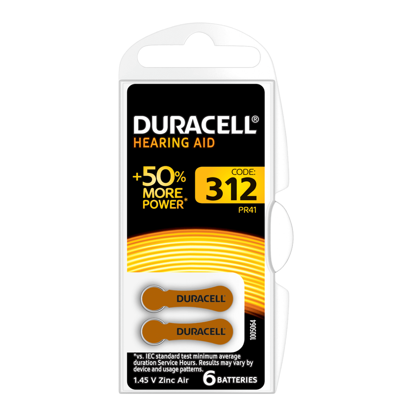 Duracell 312 Hearing Aid Batteries, Pack of 6