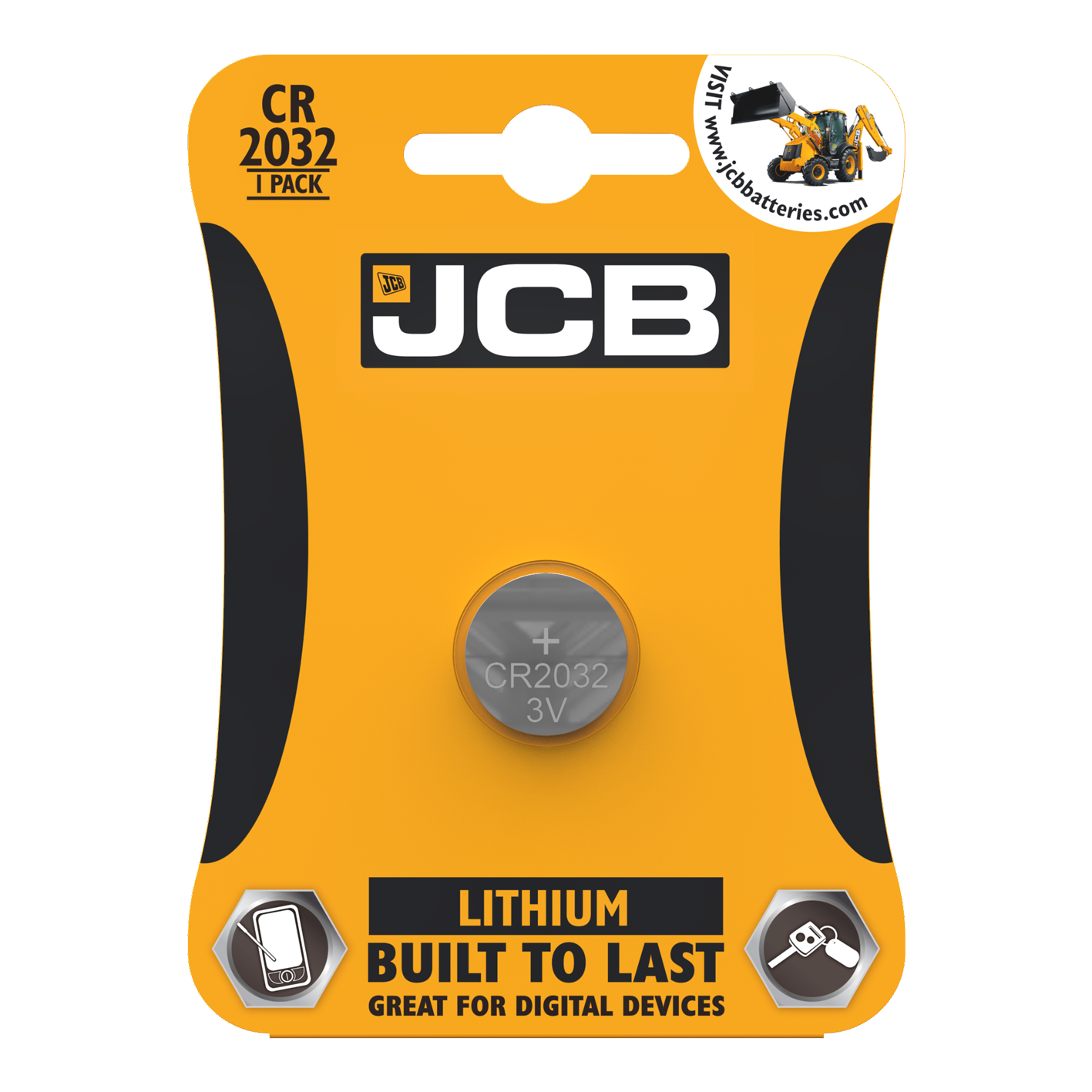 JCB CR2032 pila de botón de litio, paquete de 1