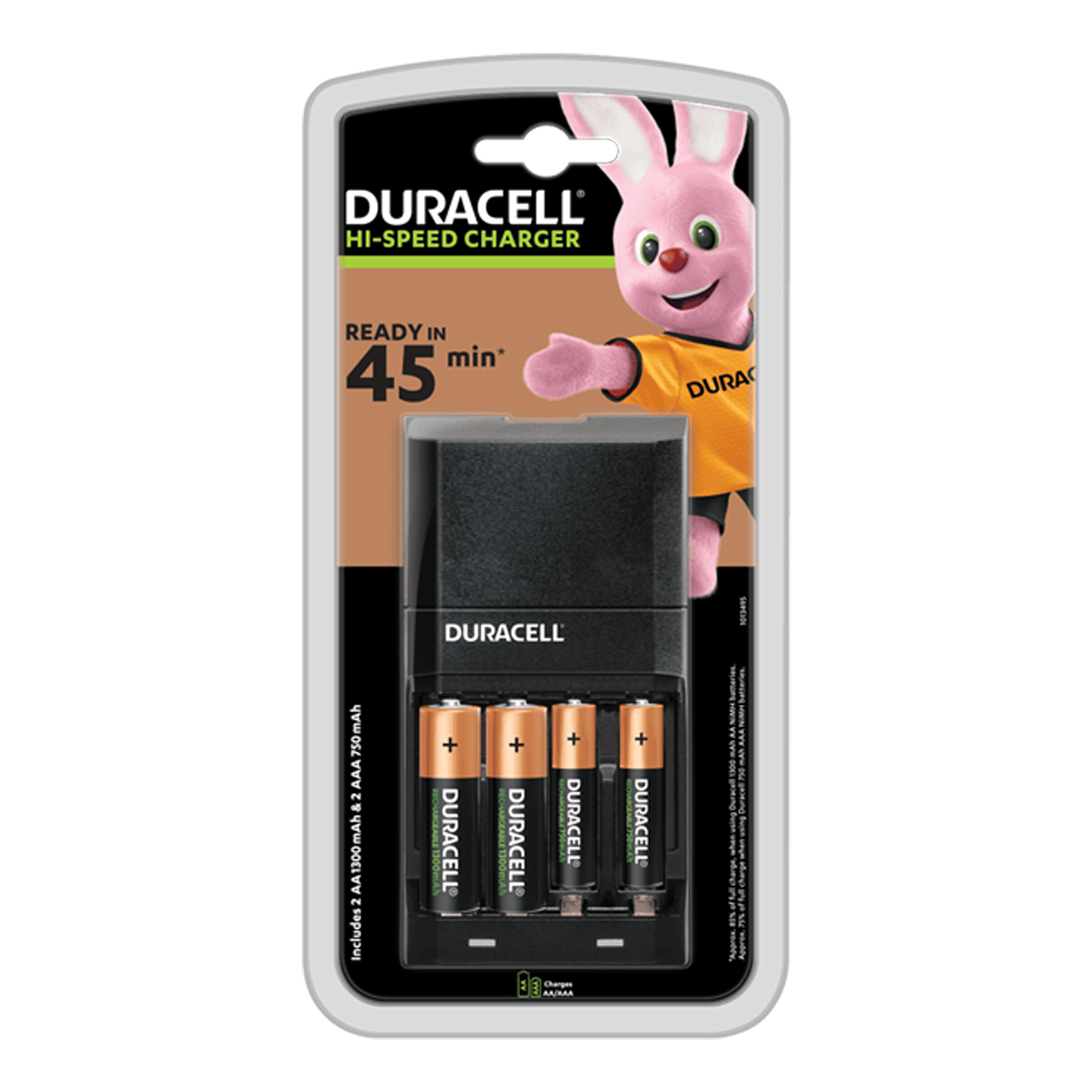 Duracell 45-Minuten-Ladegerät (CEF27) mit 2 x AA- und 2 x AAA-Batterien