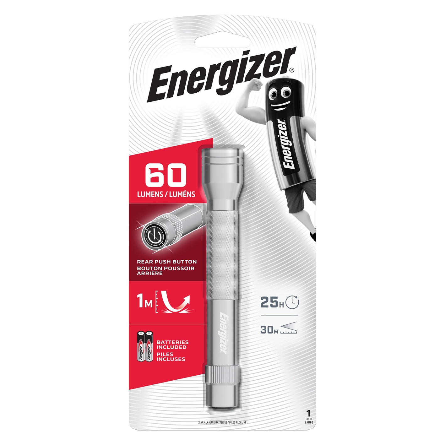Energizer New Metal 60 Lumens LED Torch With 2 x AA Batteries