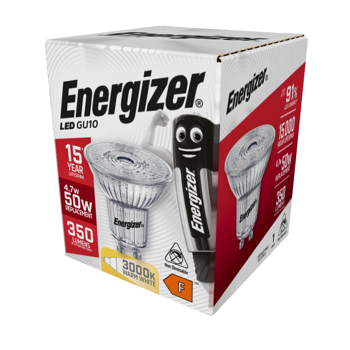 Energizer LED GU10 350 Lumens 4.7W 3,000K (Warm White), Box of 1