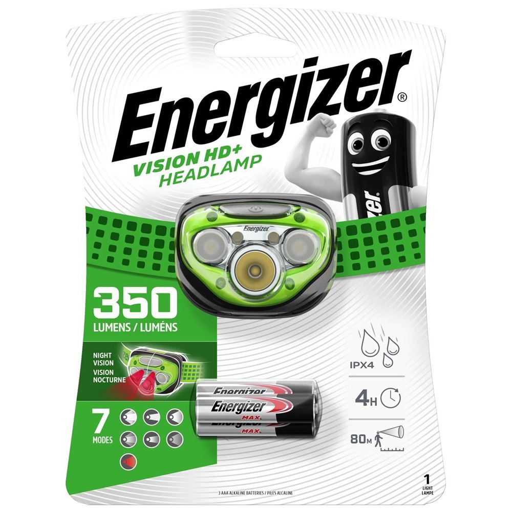 Energizer Vision HD+ 350 Lumen Stirnlampe + 3 x AAA-Batterien im Lieferumfang enthalten